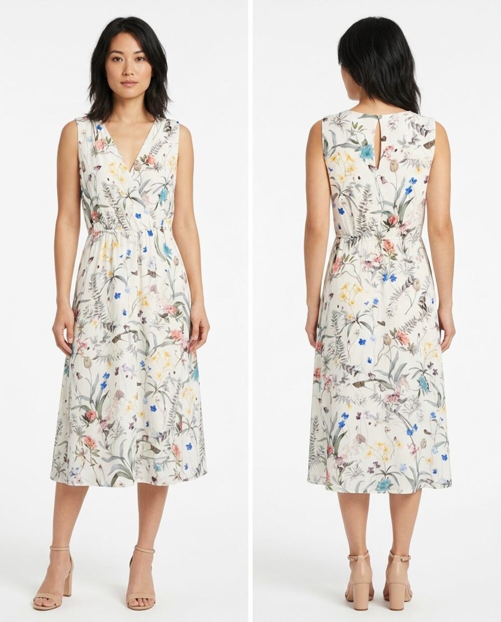 Amour Vert 100% Silk Made in USA White Floral Midi Dress Women Size S